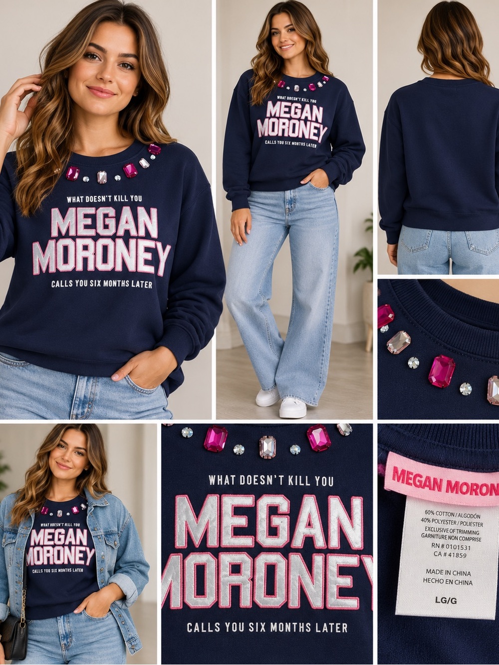 Megan Moroney Jeweled Graphic Crewneck Sweatshirt Navy NWT